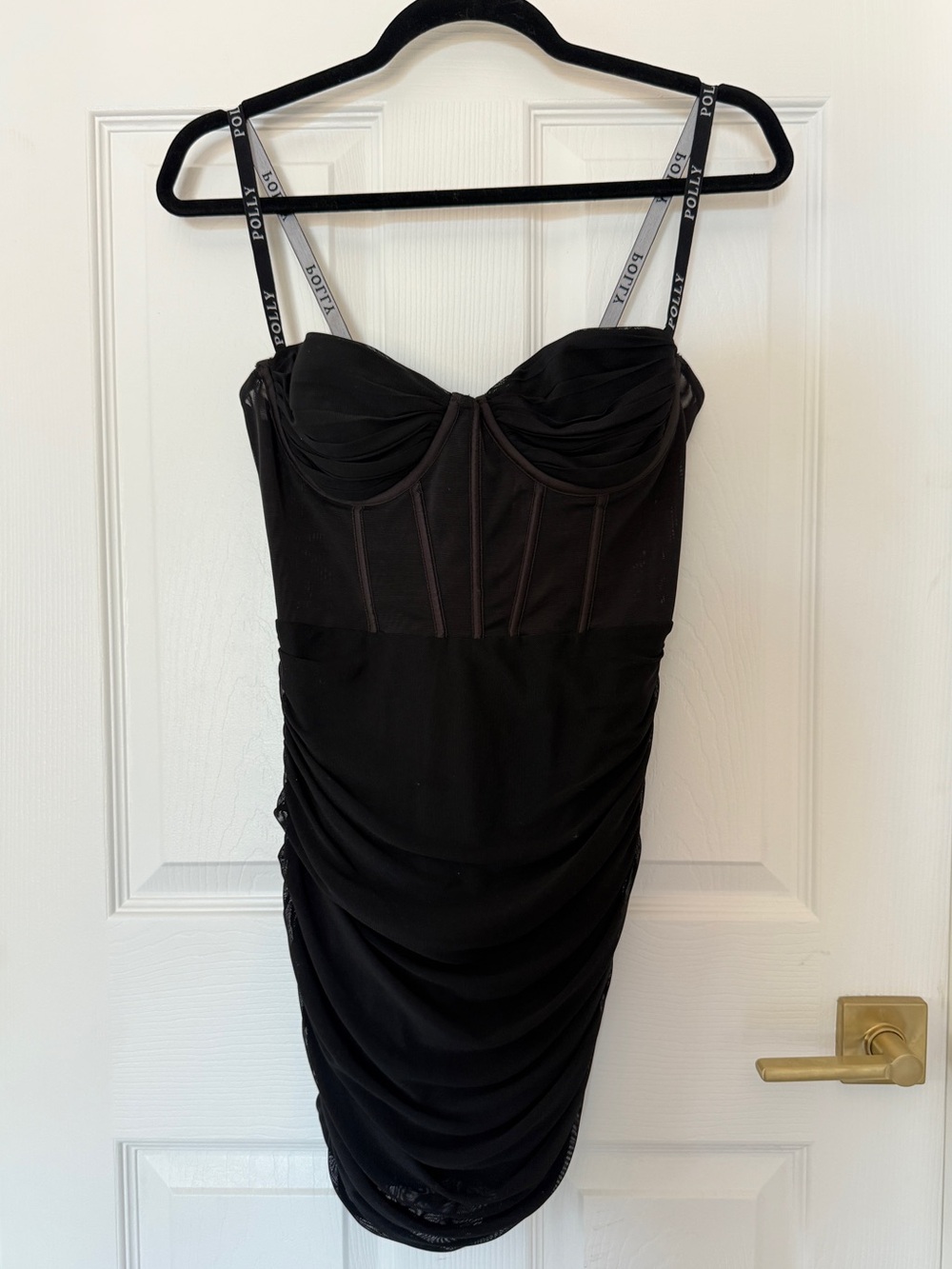 Oh Polly Black Ruched Bustier Mini Dress with Branded Straps, Size US 6